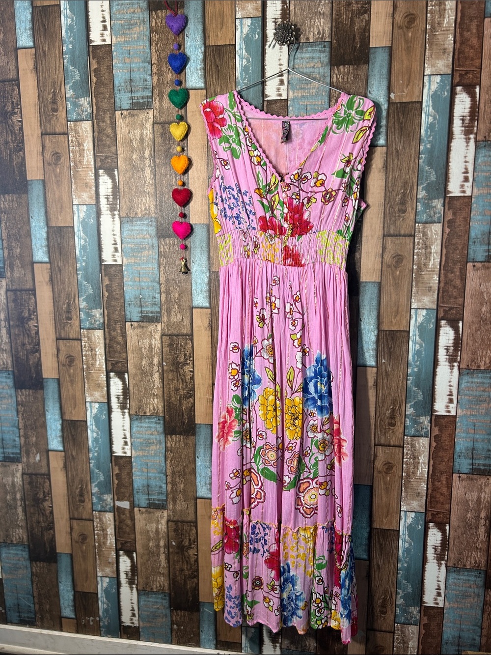 Pink Floral V-Neck Maxi Dress with Smocked Waist